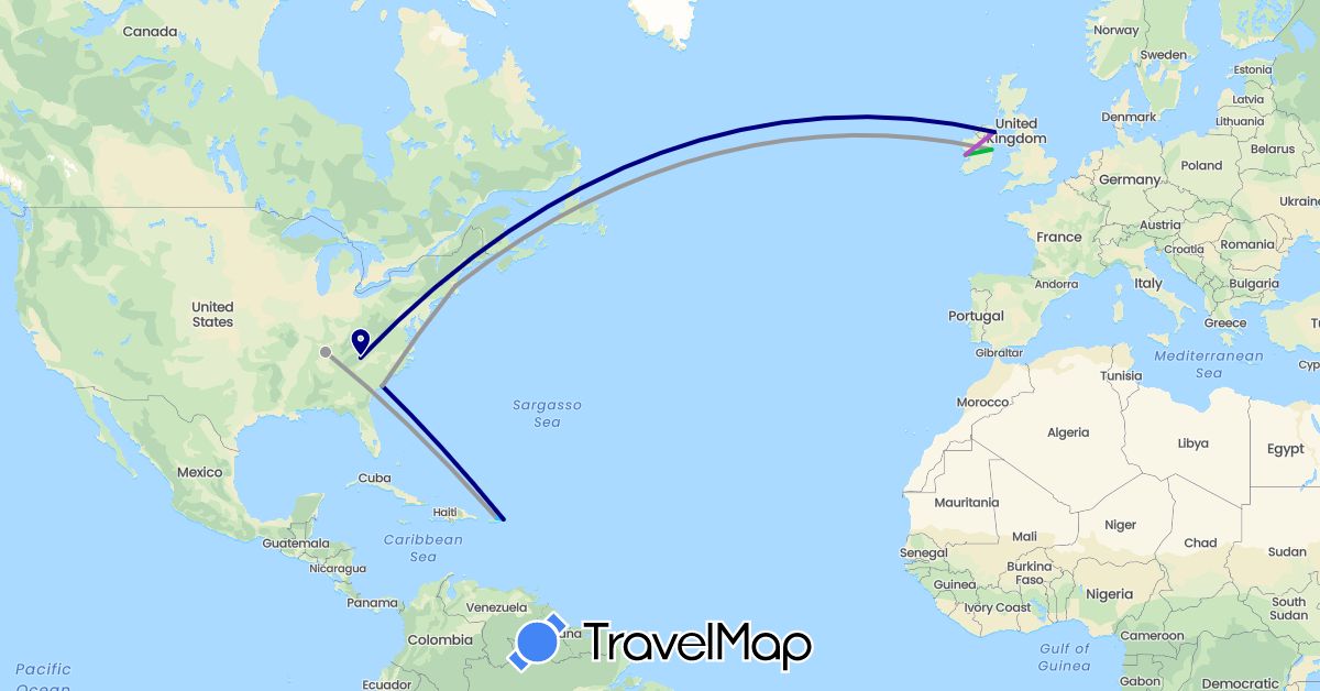 TravelMap itinerary: driving, bus, plane, train, boat in United Kingdom, Ireland, United States (Europe, North America)